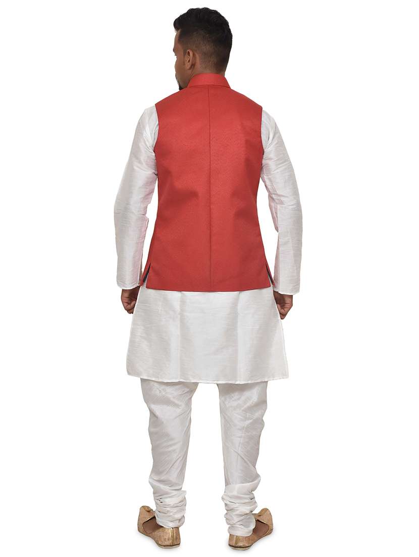 white silk blend kurta pyjama with jacket ethnic wear set - 19187948 -  Standard Image - 2