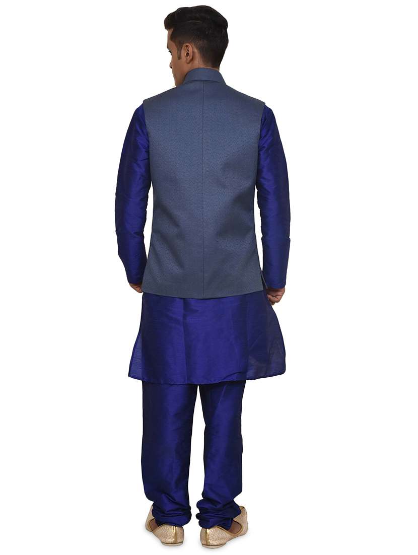 royal blue silk blend kurta pyjama with jacket ethnic wear set - 19187951 - Standard Image - 2