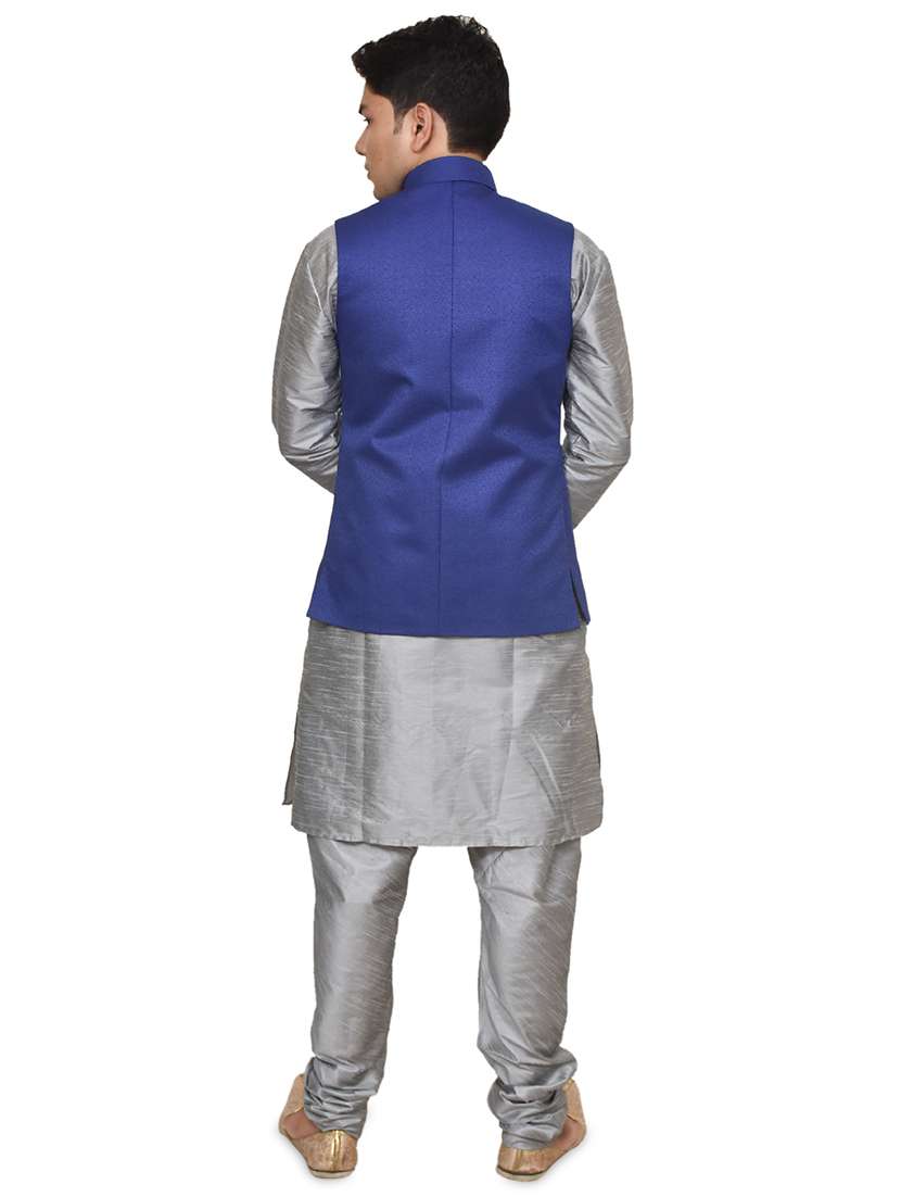 silver silk blend kurta pyjama with jacket ethnic wear set - 19187957 -  Standard Image - 2