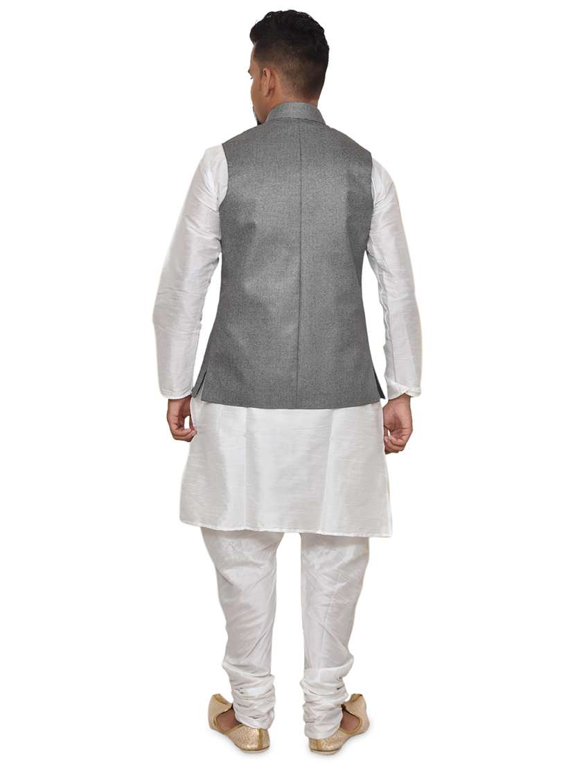 white silk blend kurta pyjama with jacket ethnic wear set - 19187958 -  Standard Image - 2