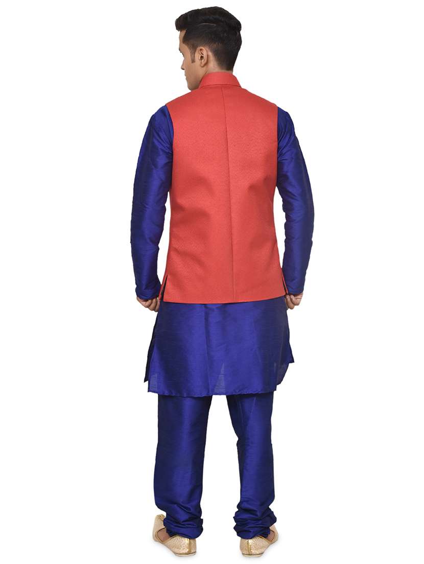 royal blue silk blend kurta pyjama with jacket ethnic wear set - 19187959 - Standard Image - 2