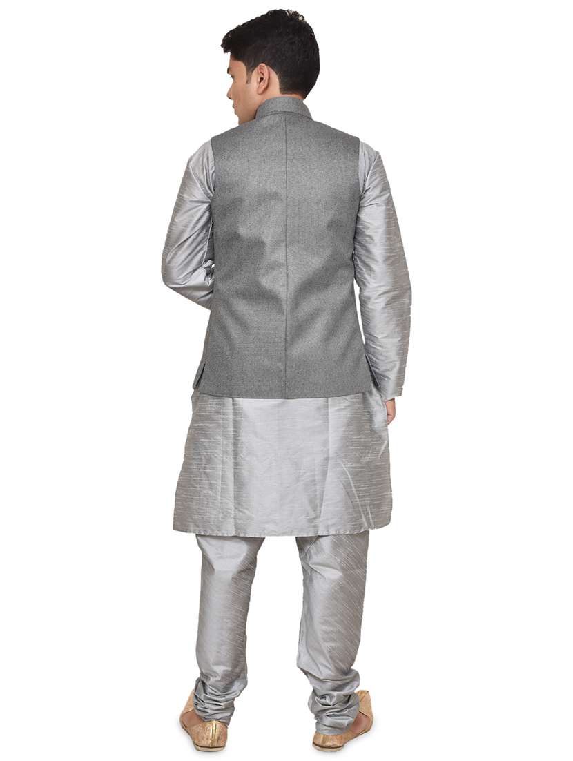 silver silk blend kurta pyjama with jacket ethnic wear set - 19187960 -  Standard Image - 2