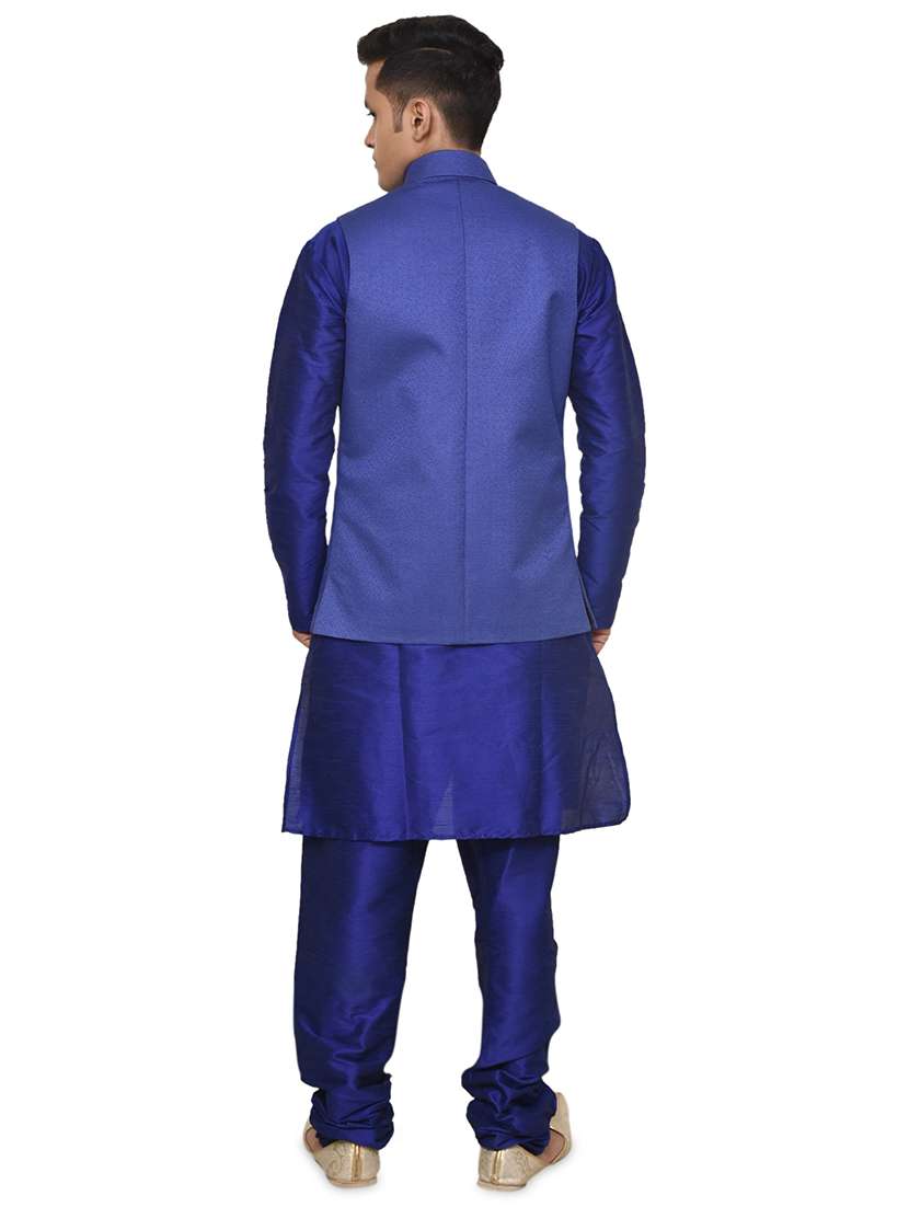 royal blue silk blend kurta pyjama with jacket ethnic wear set - 19187962 - Standard Image - 2