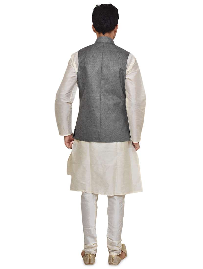 cream silk blend kurta pyjama with jacket ethnic wear set - 19187963 -  Standard Image - 2