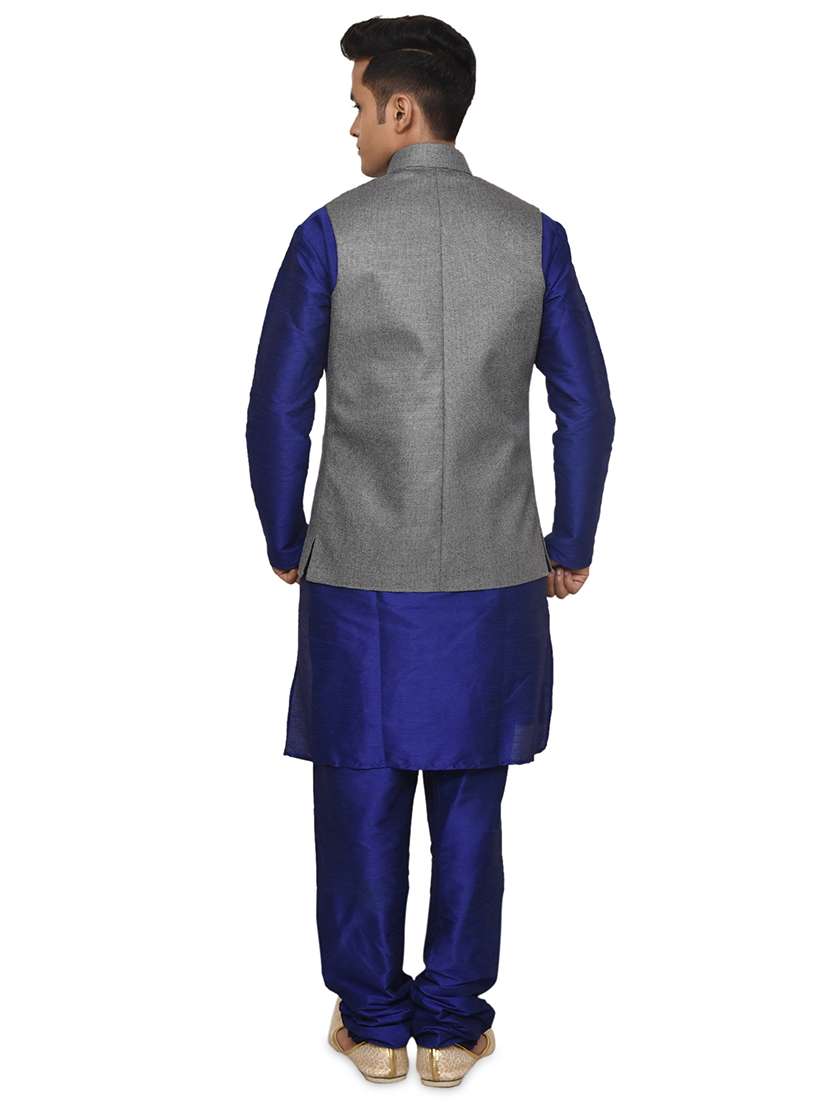 royal blue silk blend kurta pyjama with jacket ethnic wear set - 19187965 -  Standard Image - 2