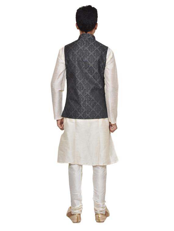 cream silk blend kurta pyjama with jacket ethnic wear set - 19187975 - Standard Image - 2
