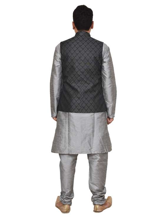 silver silk blend kurta pyjama with jacket ethnic wear set - 19187977 -  Standard Image - 2