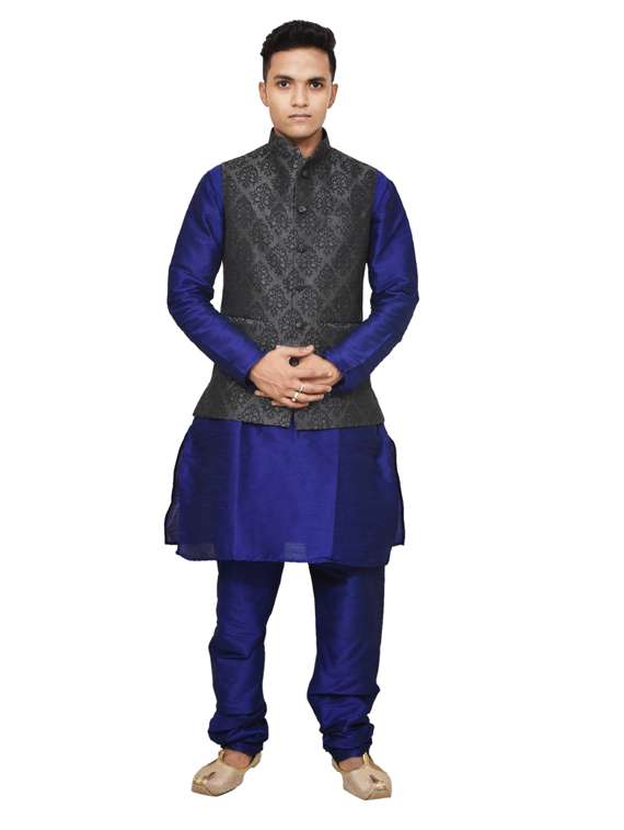 royal blue silk blend kurta pyjama with jacket ethnic wear set
