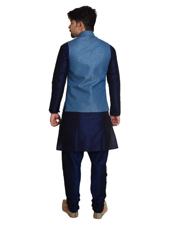 navy blue silk blend kurta pyjama with jacket ethnic wear set - 19187984 - Standard Image - 2