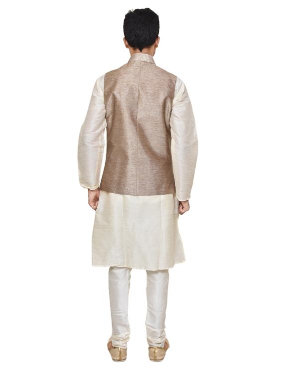cream silk blend kurta pyjama with jacket ethnic wear set - 19187985 - Standard Image - 2