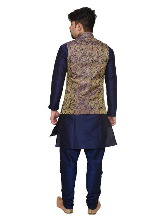 navy blue silk blend kurta pyjama with jacket ethnic wear set - 19187988 -  Standard Image - 2