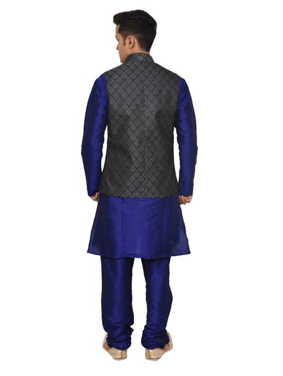 royal blue silk blend kurta pyjama with jacket ethnic wear set - 19187990 - Standard Image - 2