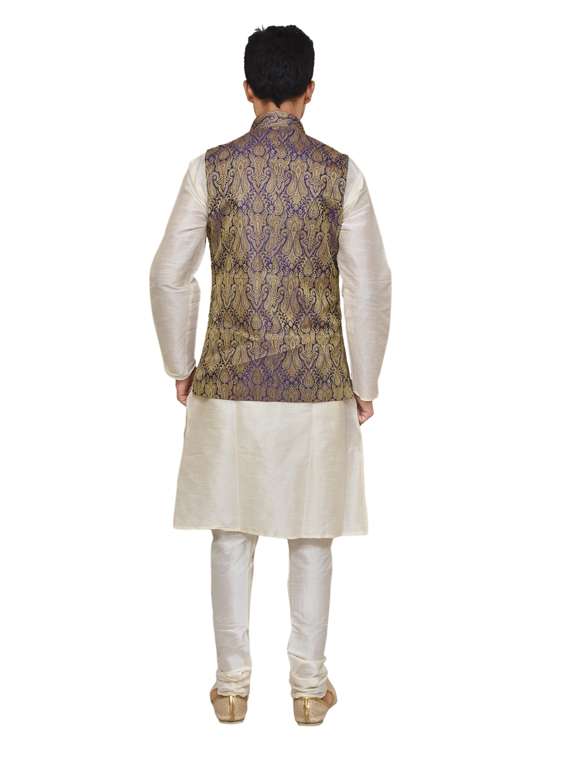 cream silk blend kurta pyjama with jacket ethnic wear set - 19188000 -  Standard Image - 2