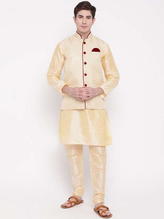 silver silk blend kurta pyjama with jacket ethnic wear set