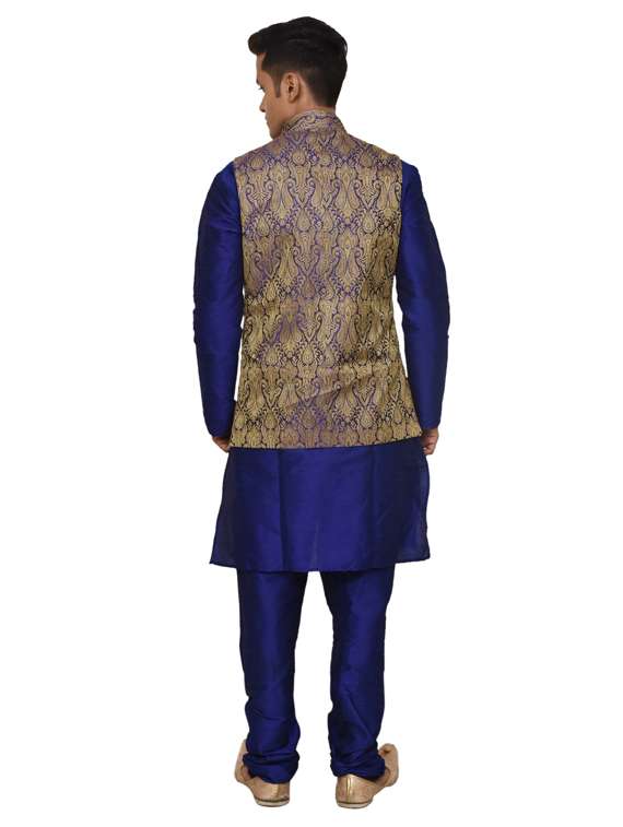 royal blue silk blend kurta pyjama with jacket ethnic wear set - 19188006 -  Standard Image - 2