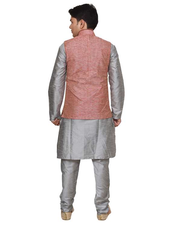 silver silk blend kurta pyjama with jacket ethnic wear set - 19188007 -  Standard Image - 2