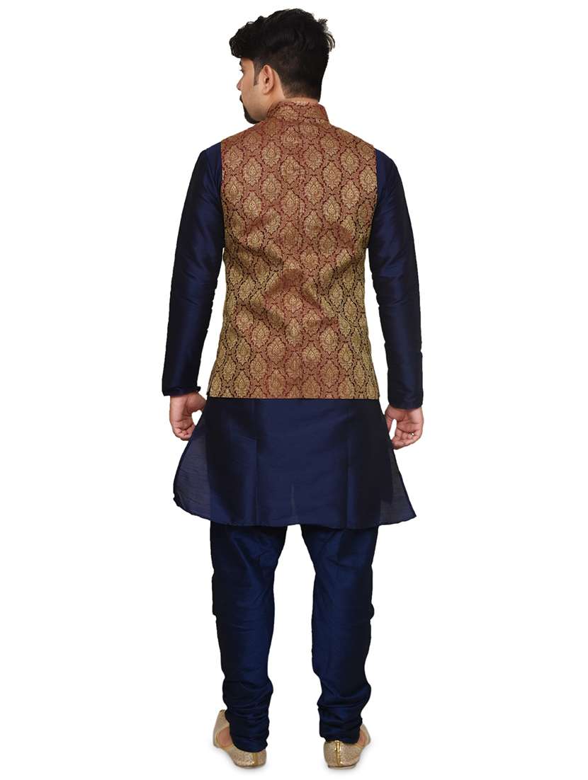 navy blue silk blend kurta pyjama with jacket ethnic wear set - 19188008 -  Standard Image - 2