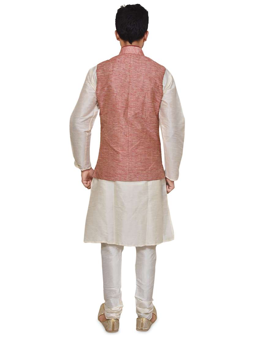 cream silk blend kurta pyjama with jacket ethnic wear set - 19188009 -  Standard Image - 2