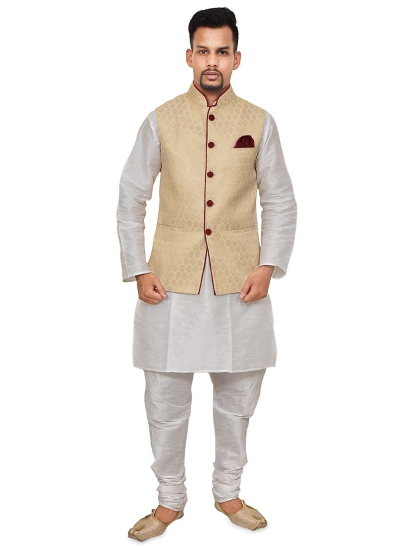 white silk blend kurta pyjama with jacket ethnic wear set