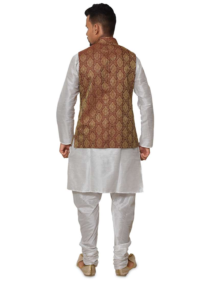 white silk blend kurta pyjama with jacket ethnic wear set - 19188012 -  Standard Image - 2