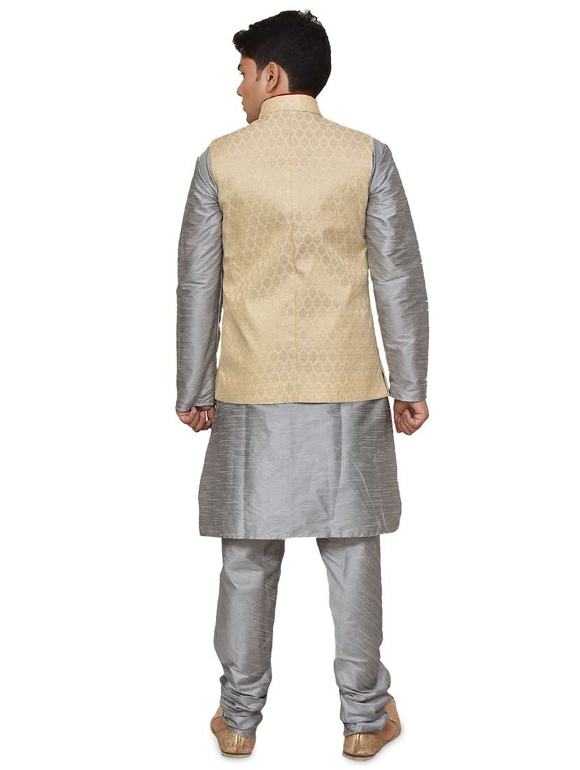 silver silk blend kurta pyjama with jacket ethnic wear set - 19188013 - Standard Image - 2