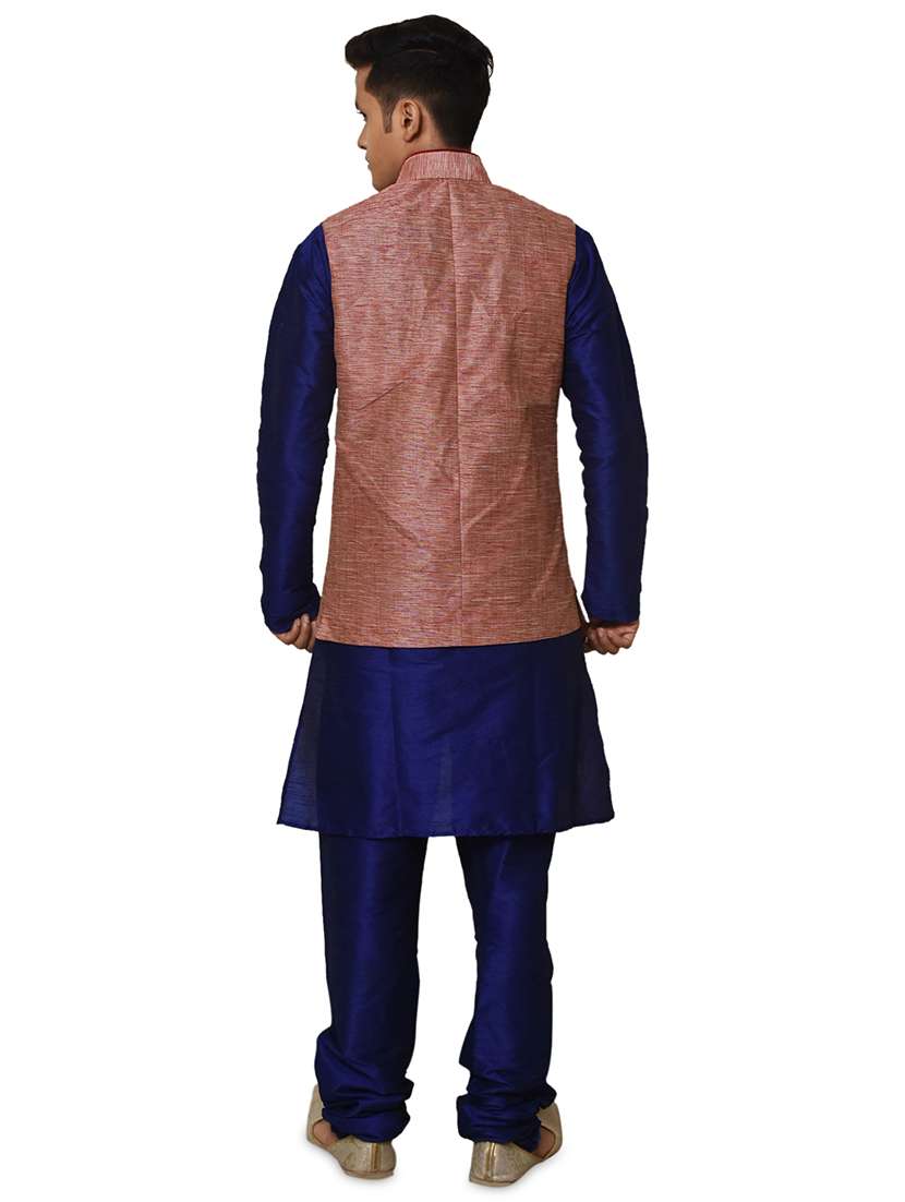 royal blue silk blend kurta pyjama with jacket ethnic wear set - 19188014 -  Standard Image - 2