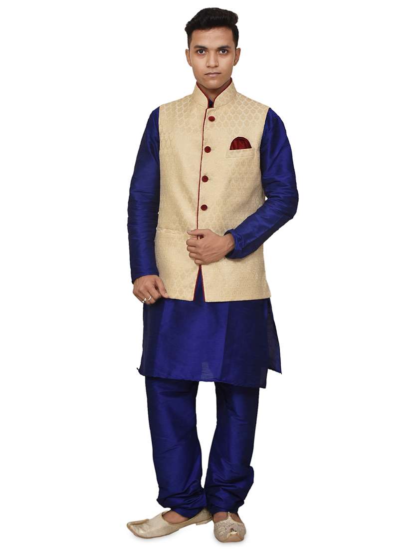 royal blue silk blend kurta pyjama with jacket ethnic wear set