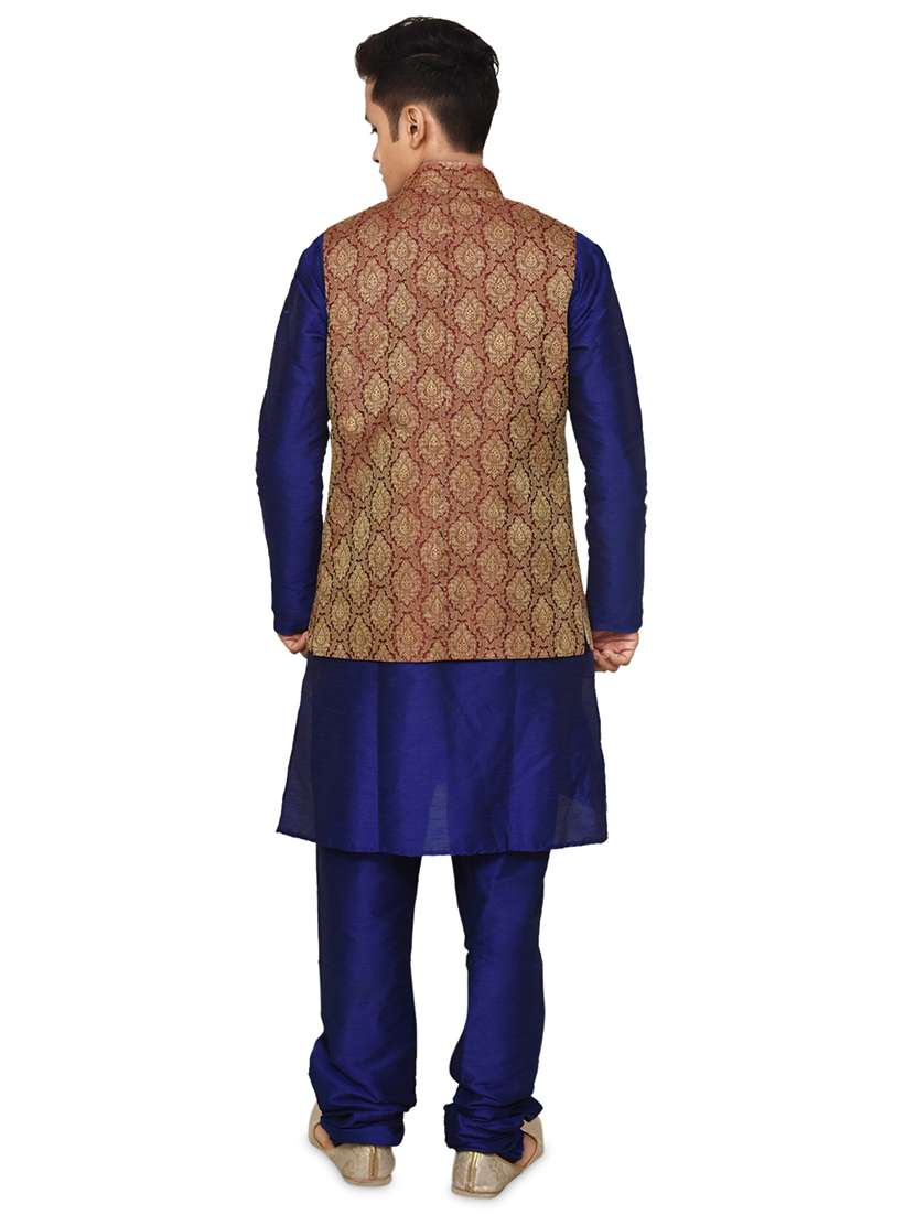 royal blue silk blend kurta pyjama with jacket ethnic wear set - 19188019 - Standard Image - 2