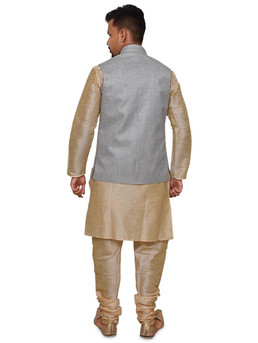 gold silk blend kurta pyjama with jacket ethnic wear set - 19188020 - Standard Image - 2