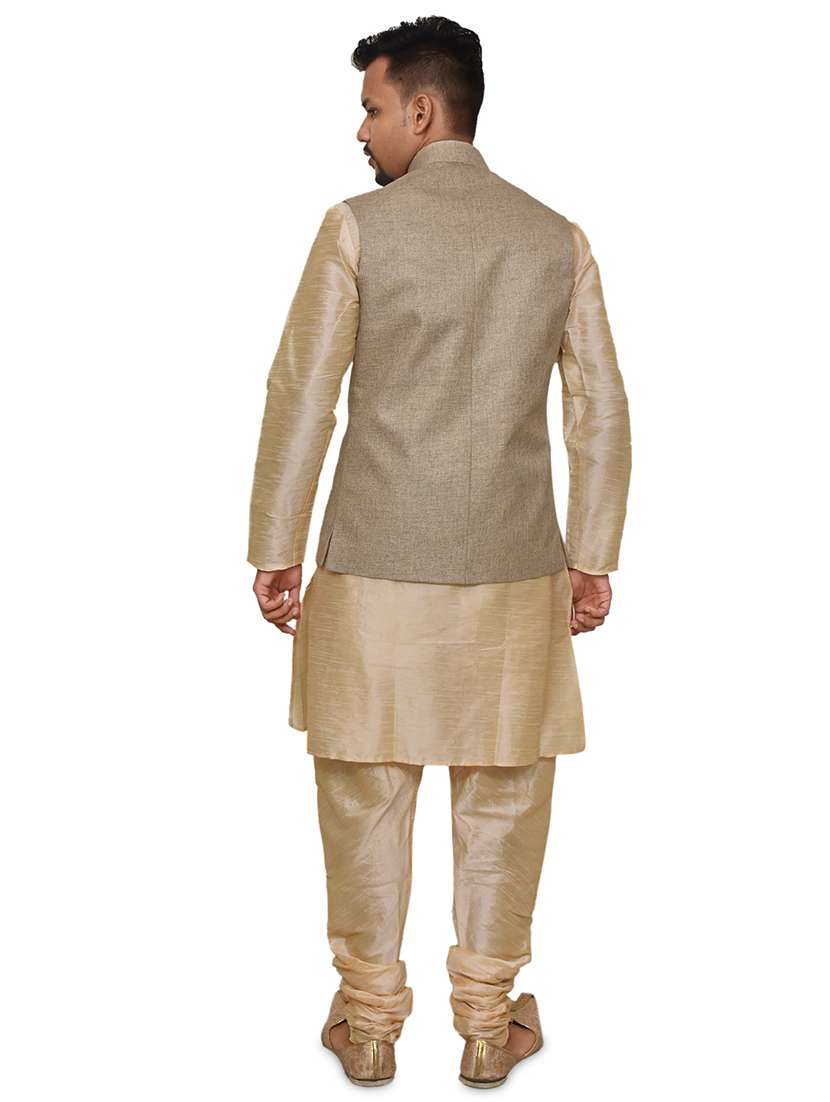 gold silk blend kurta pyjama with jacket ethnic wear set - 19188023 -  Standard Image - 2