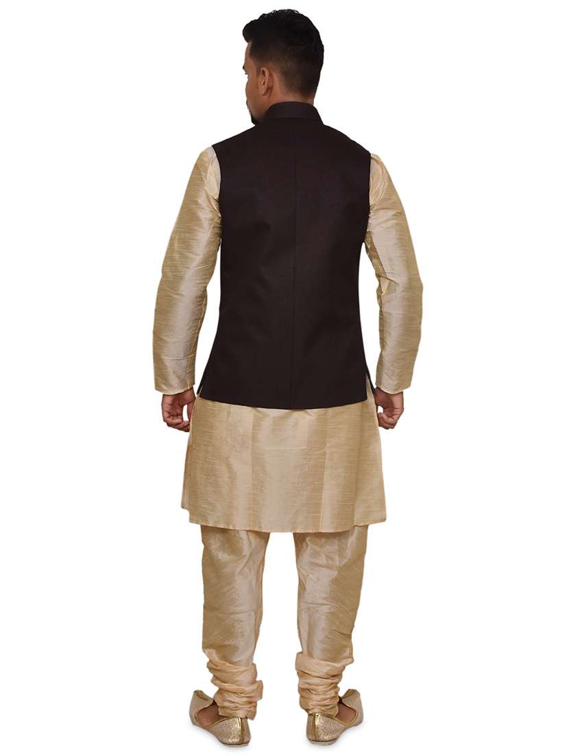 gold silk blend kurta pyjama with jacket ethnic wear set - 19188026 -  Standard Image - 2