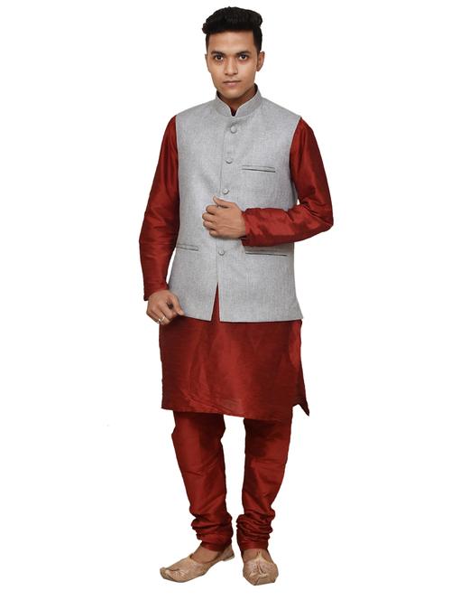 silk blend kurta pyjama with jacket  - 19188029 -  Standard Image - 0