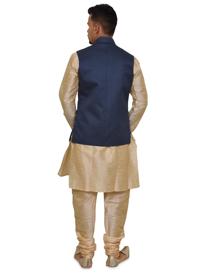 gold silk blend kurta pyjama with jacket ethnic wear set - 19188030 - Standard Image - 2