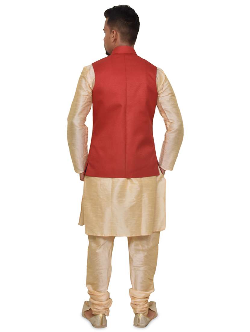 gold silk blend kurta pyjama with jacket ethnic wear set - 19188034 - Standard Image - 2