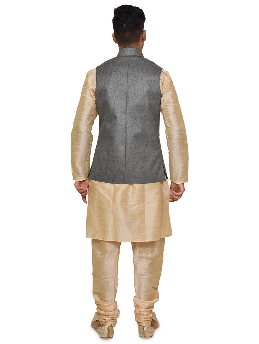 gold silk blend kurta pyjama with jacket ethnic wear set - 19188042 - Standard Image - 2