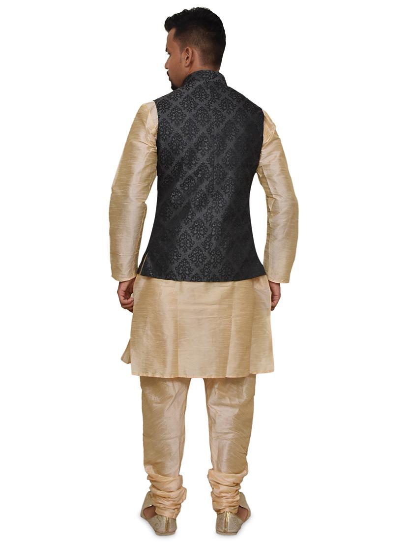 gold silk blend kurta pyjama with jacket ethnic wear set - 19188050 - Standard Image - 2