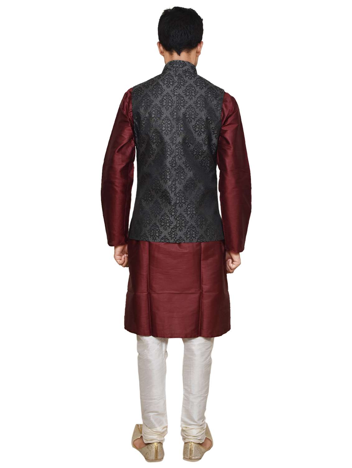 maroon silk blend kurta pyjama with jacket - 19188057 - Standard Image - 2