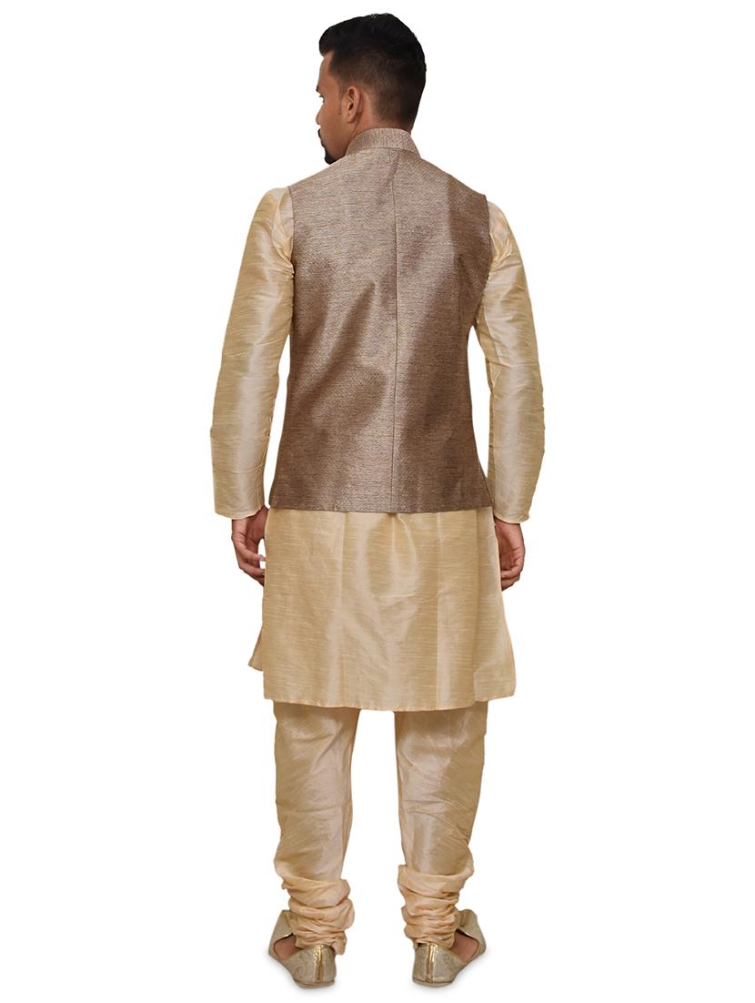 gold silk blend kurta pyjama with jacket ethnic wear set - 19188066 - Standard Image - 2