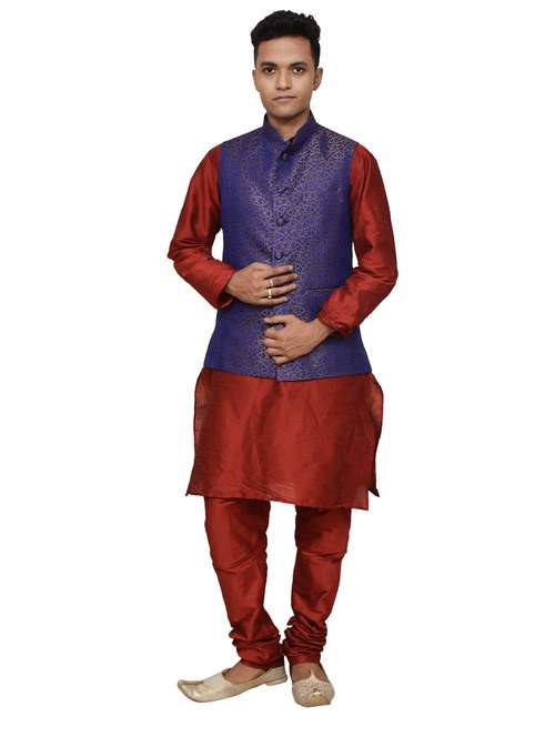 silk blend kurta pyjama with jacket - 19188071 - Standard Image - 0