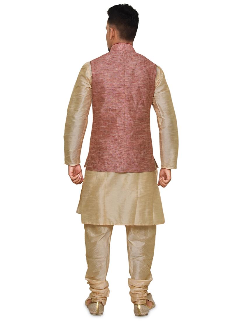 gold silk blend kurta pyjama with jacket ethnic wear set - 19188072 - Standard Image - 2