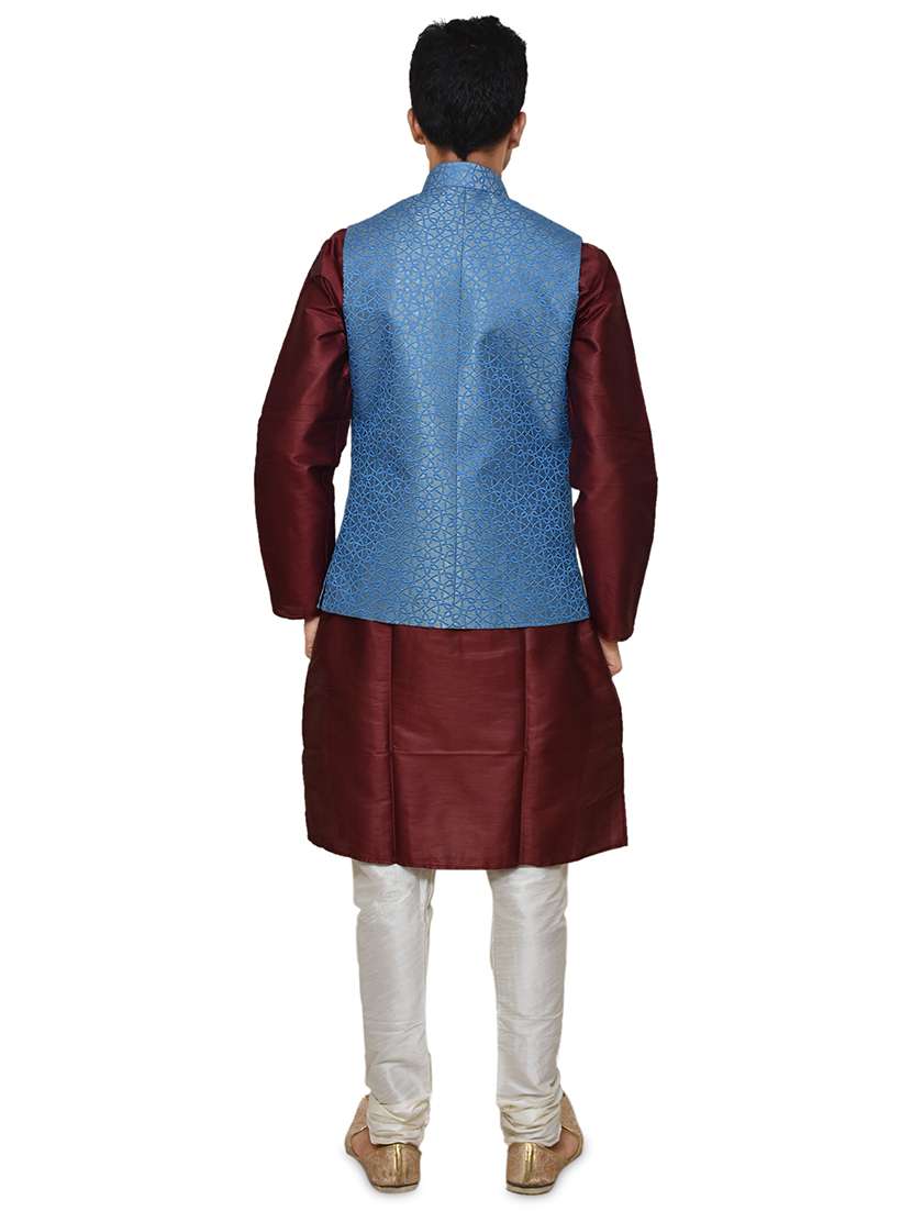 maroon silk blend kurta pyjama with jacket ethnic wear set - 19188075 -  Standard Image - 2