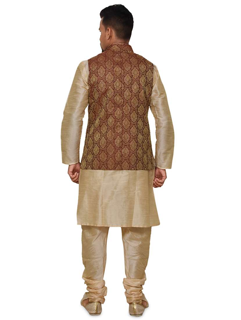 gold silk blend kurta pyjama with jacket ethnic wear set - 19188079 -  Standard Image - 2