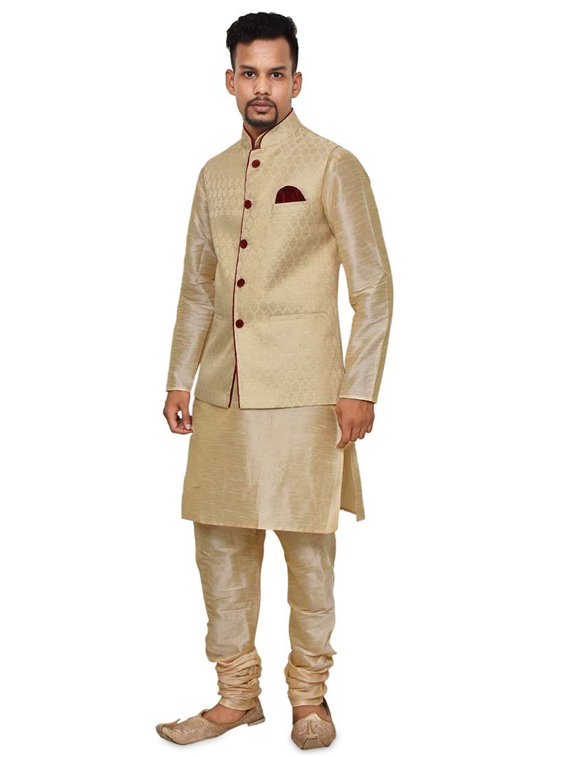gold silk blend kurta pyjama with jacket ethnic wear set