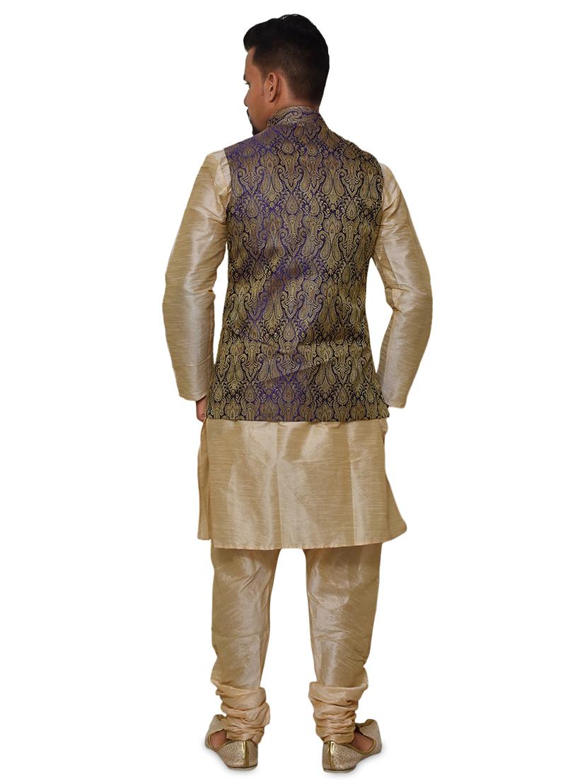gold silk blend kurta pyjama with jacket ethnic wear set - 19188084 - Standard Image - 2