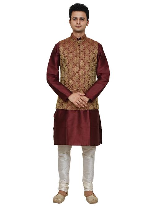 maroon silk blend kurta pyjama with jacket - 19188085 -  Standard Image - 0