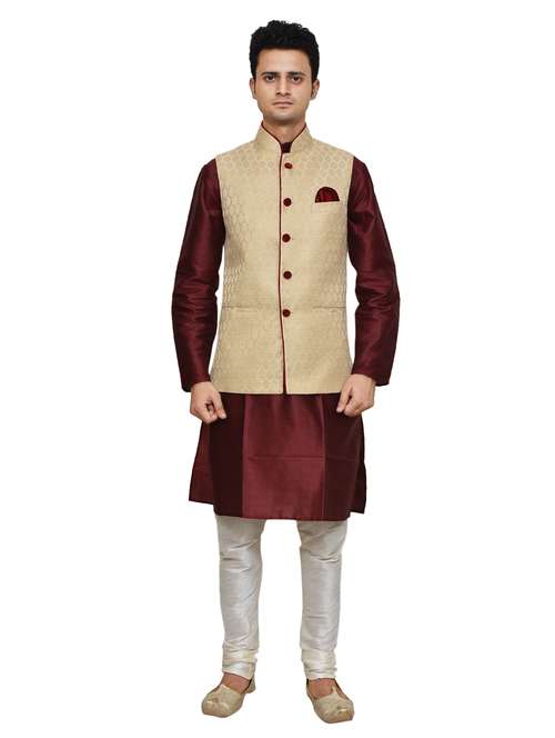 silk blend kurta pyjama with jacket  - 19188088 -  Standard Image - 0