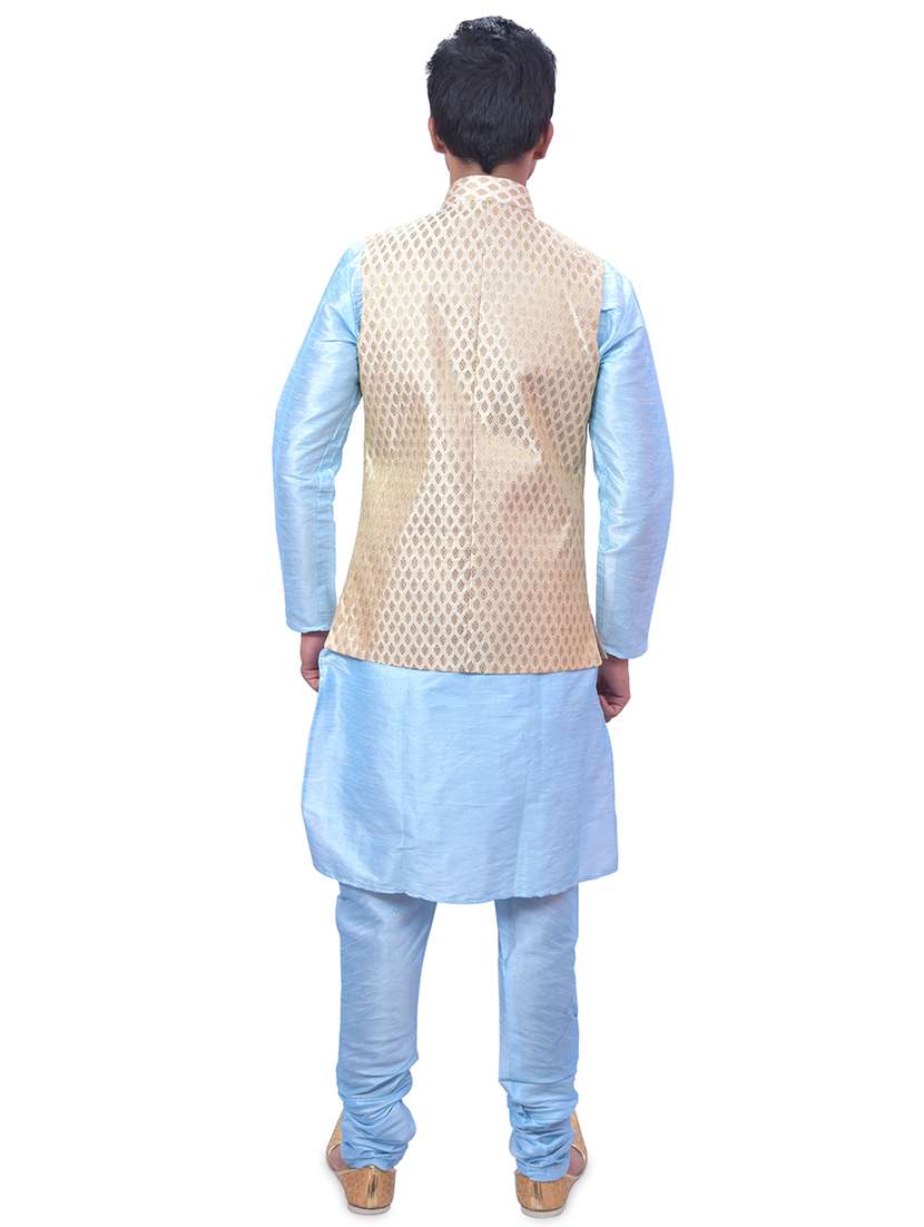 sky blue silk blend kurta pyjama with jacket ethnic wear set - 19188100 - Standard Image - 2