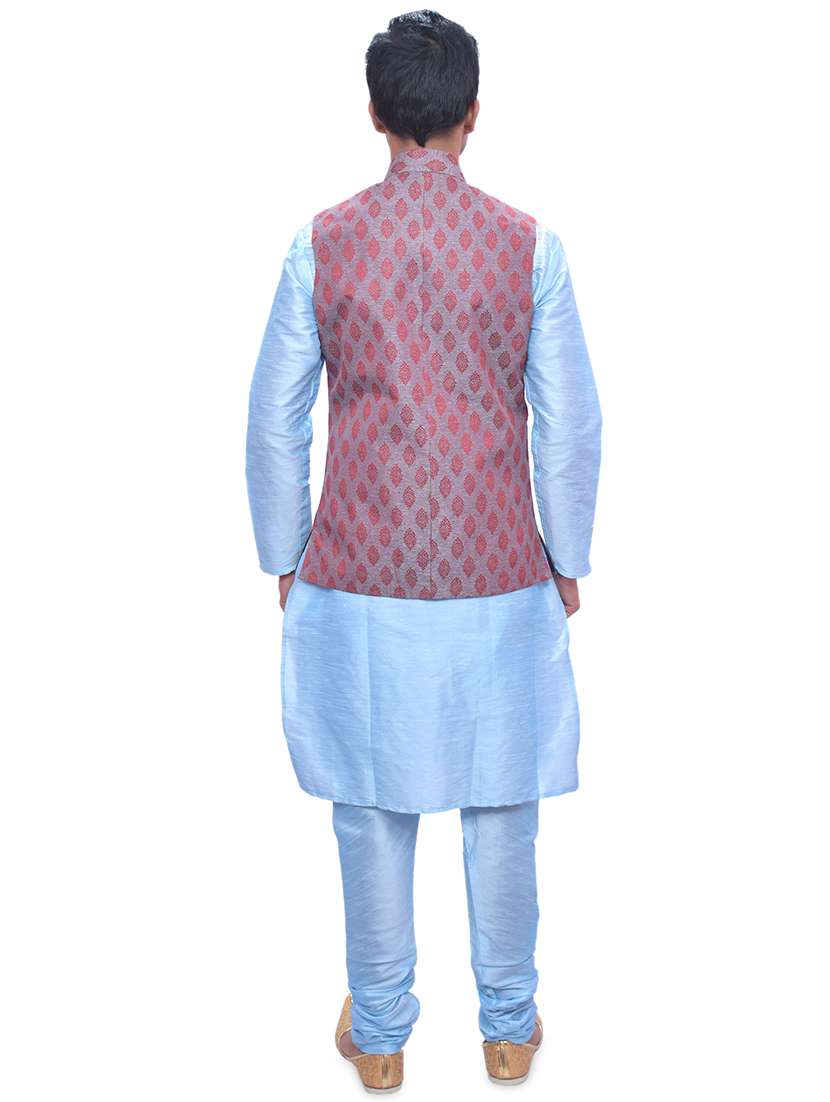 sky blue silk blend kurta pyjama with jacket ethnic wear set - 19188121 - Standard Image - 2