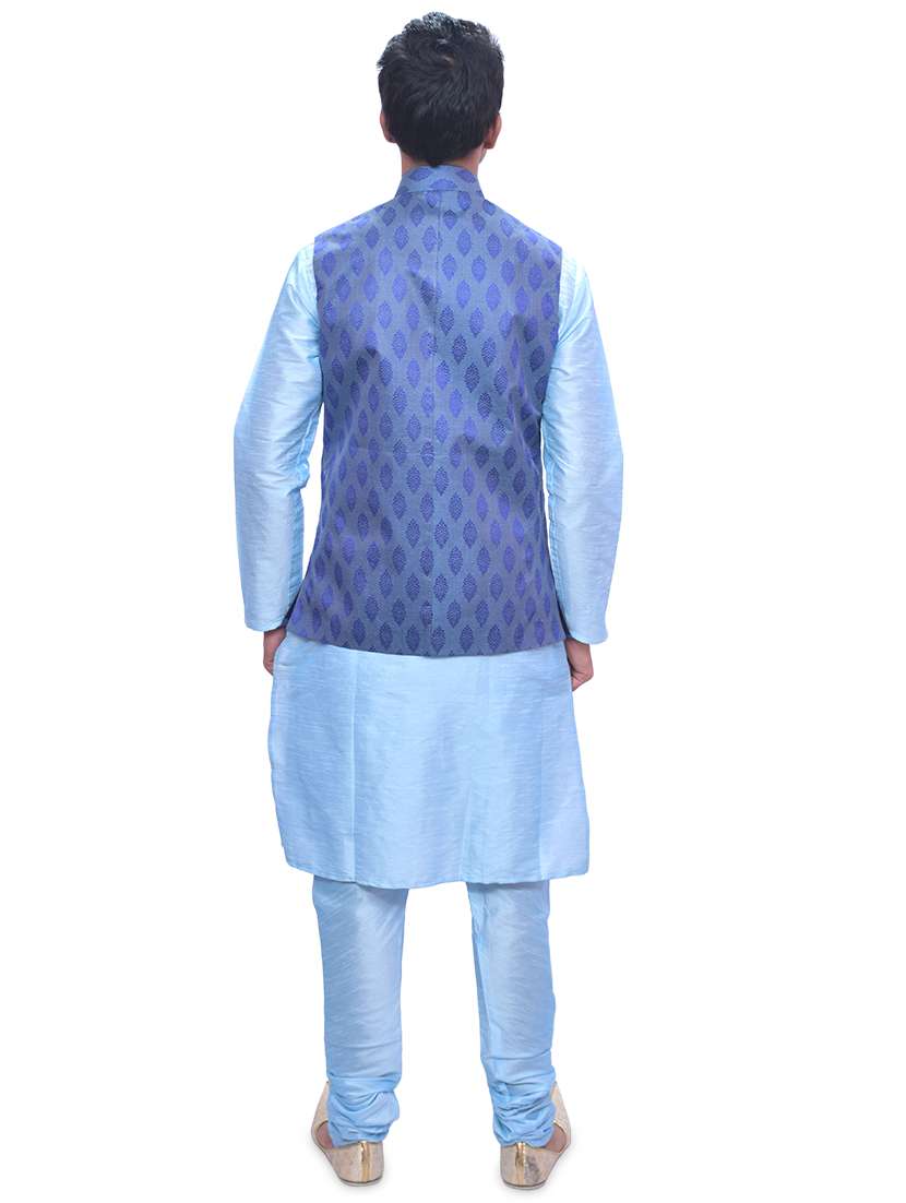 sky blue silk blend kurta pyjama with jacket ethnic wear set - 19188125 - Standard Image - 2