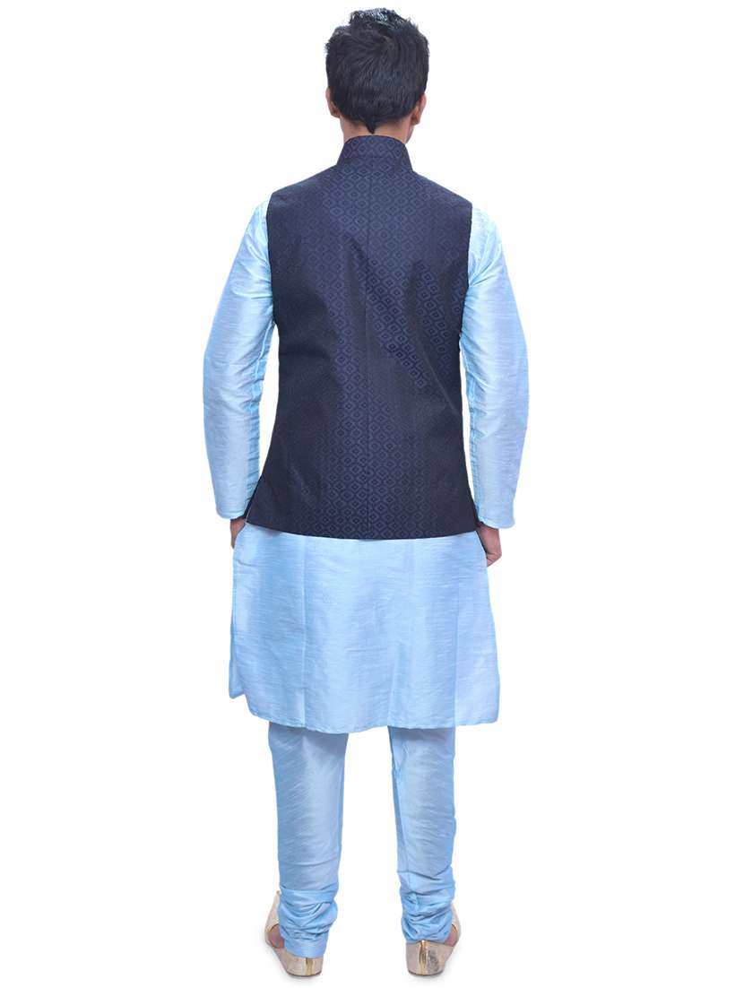 sky blue silk blend kurta pyjama with jacket ethnic wear set - 19188132 -  Standard Image - 2